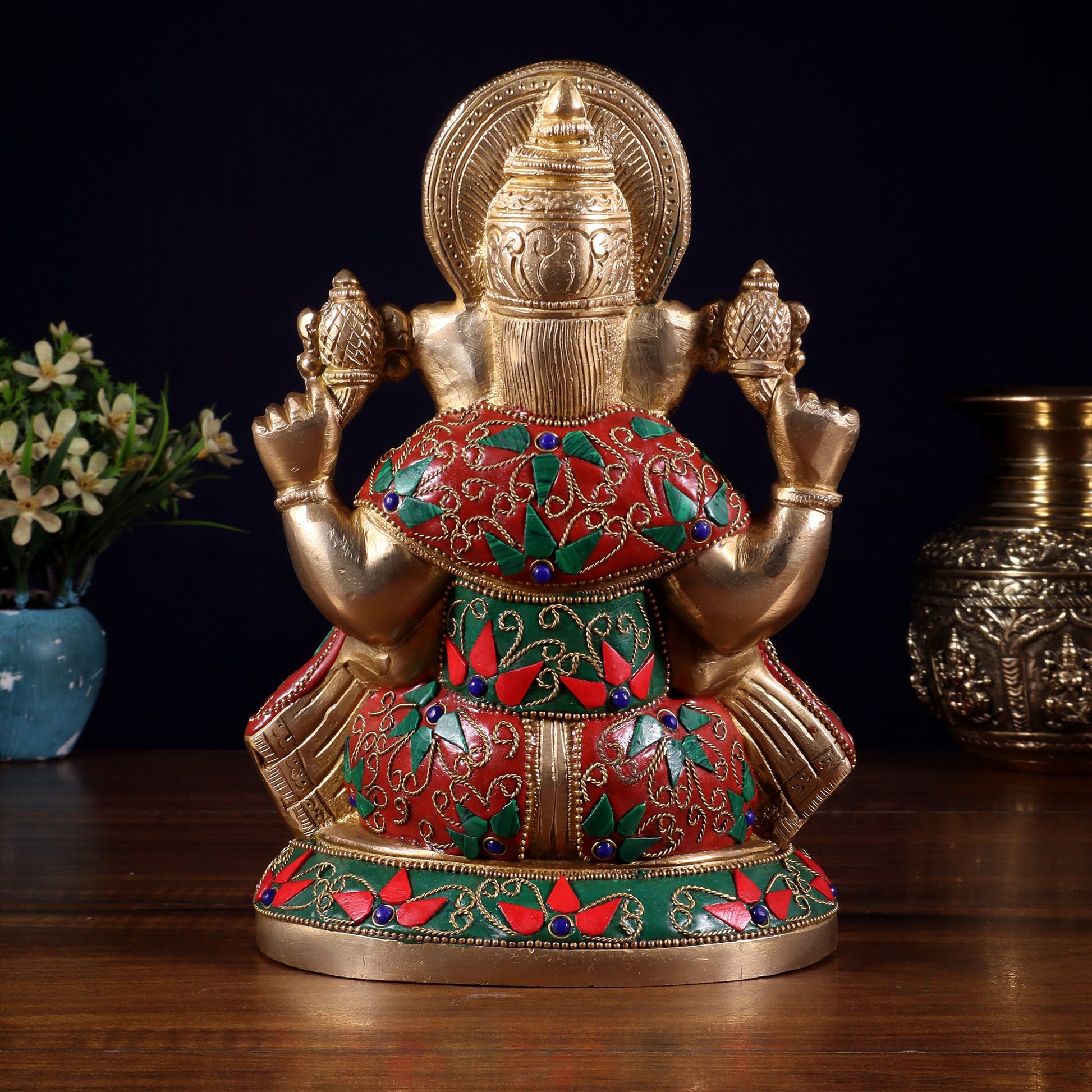 Pure Brass Lord Ganesha Statue – Unique Floral Stonework (8 Inch)