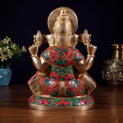Pure Brass Lord Ganesha Statue – Unique Floral Stonework (8 Inch)
