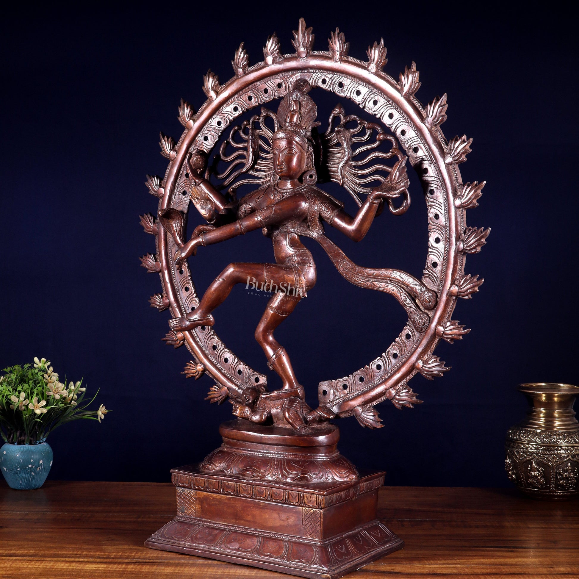 Pure Brass Unique Dancing Shiva Nataraja Statue - Height 21" dark brown