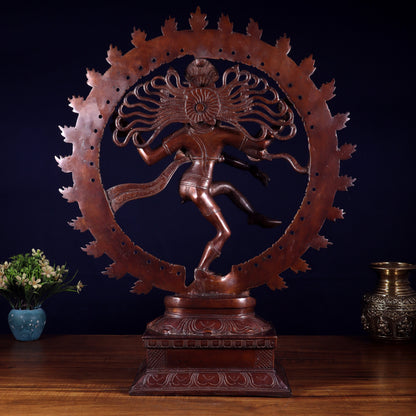 Pure Brass Unique Dancing Shiva Nataraja Statue - Height 21" dark brown