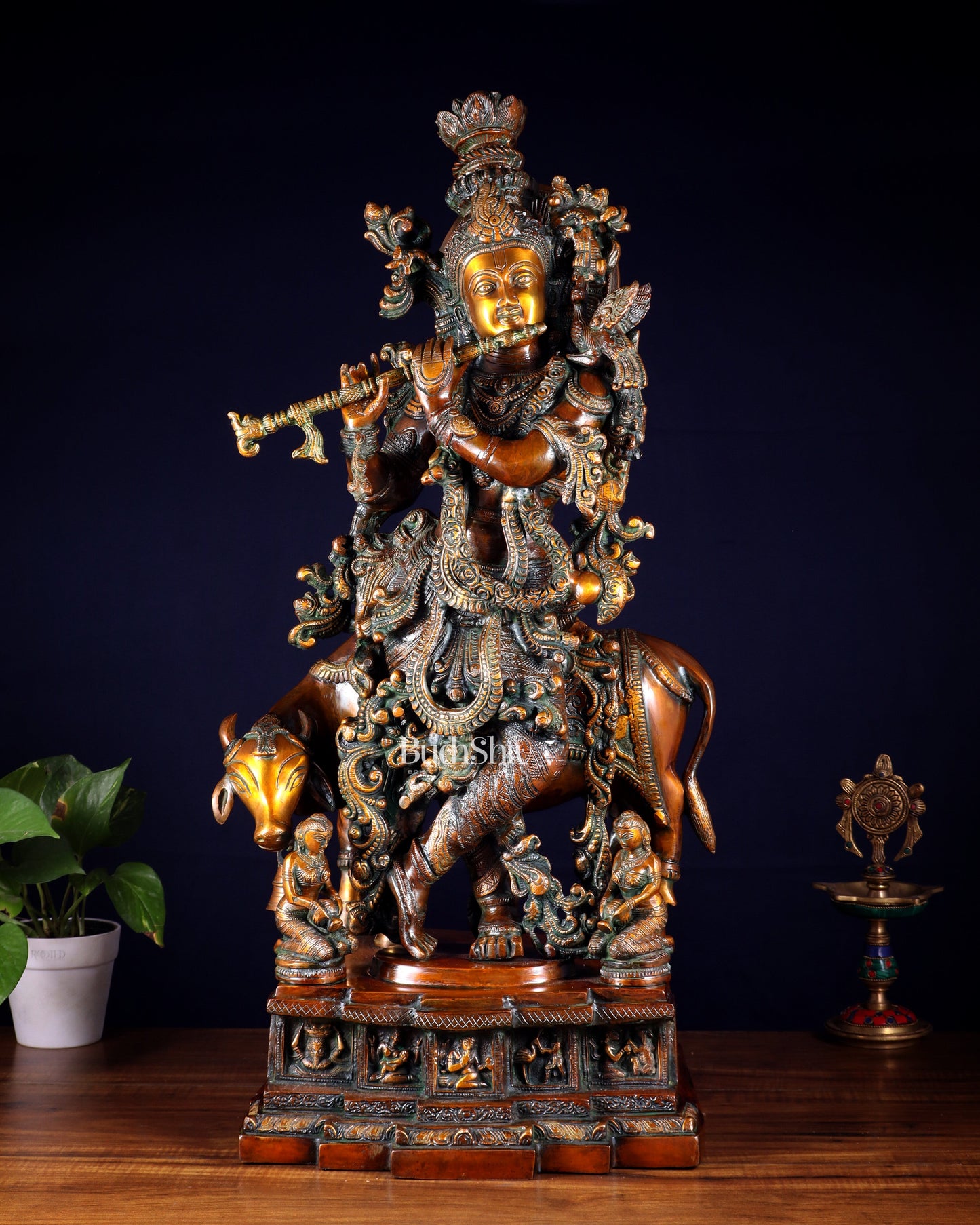 Brass large Krishna with cow statue 28" double chola tone