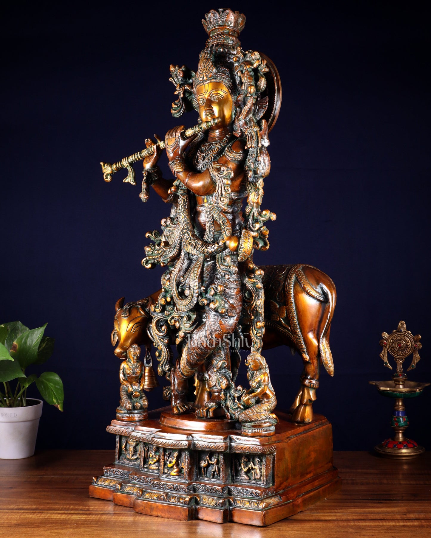 Brass large Krishna with cow statue 28" double chola tone