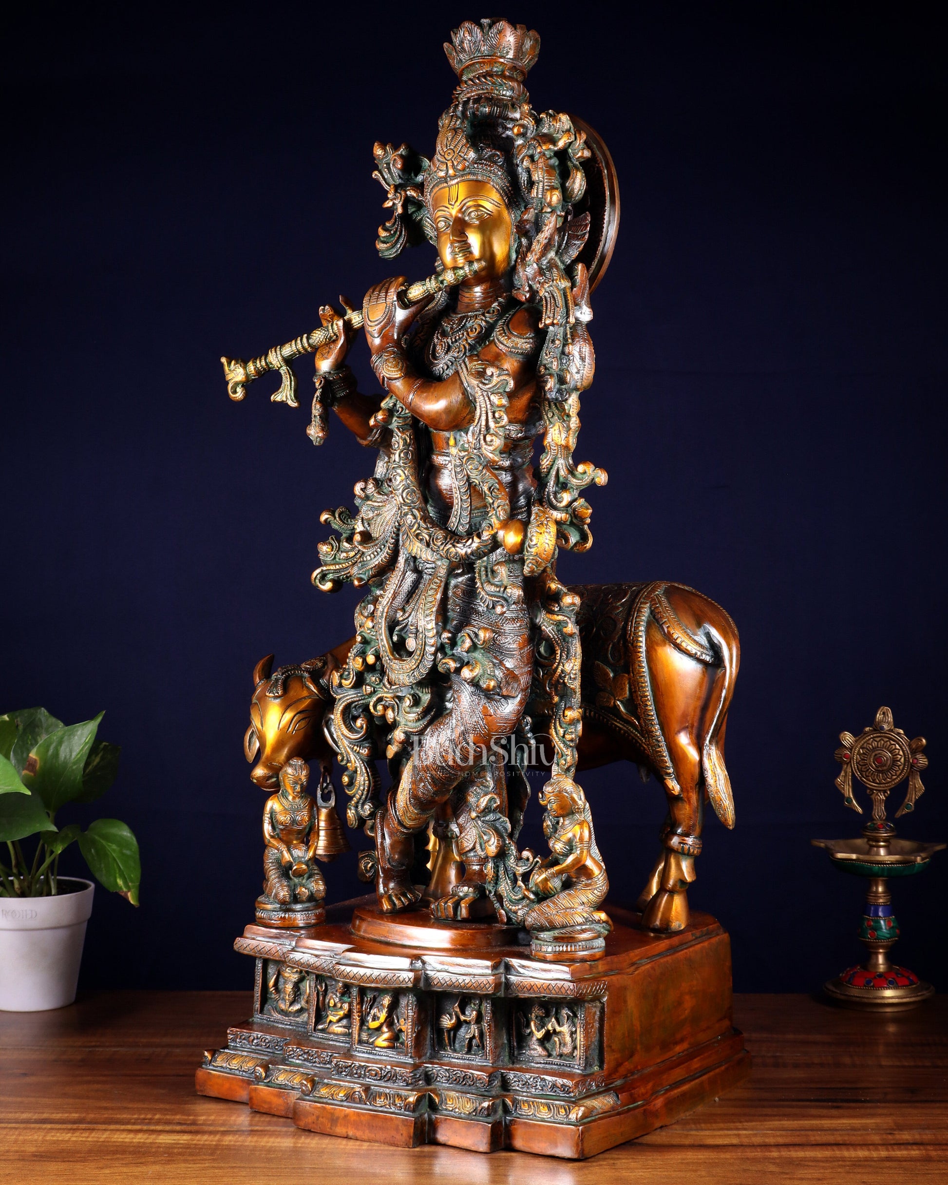 Brass large Krishna with cow statue 28" double chola tone