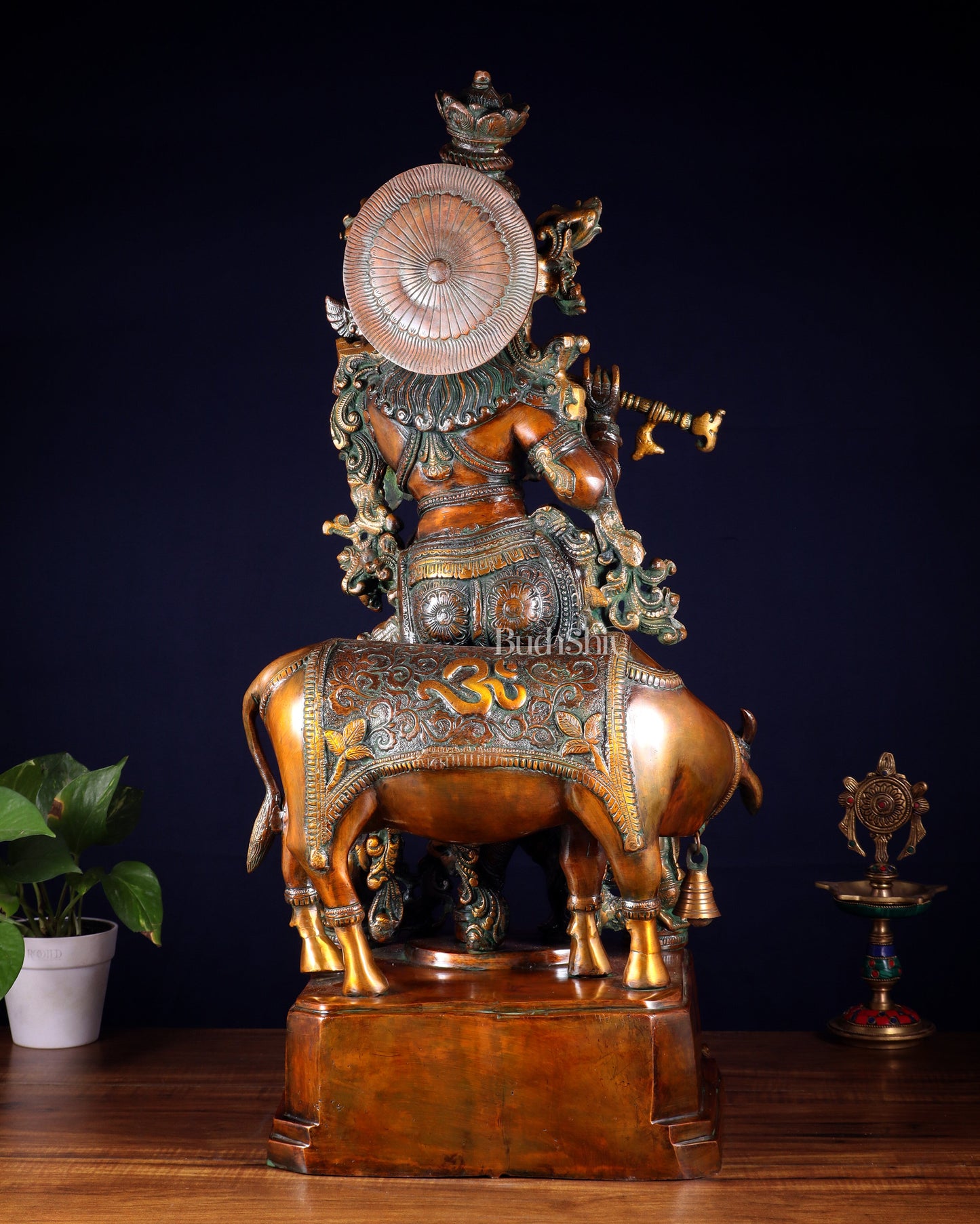 Brass large Krishna with cow statue 28" double chola tone