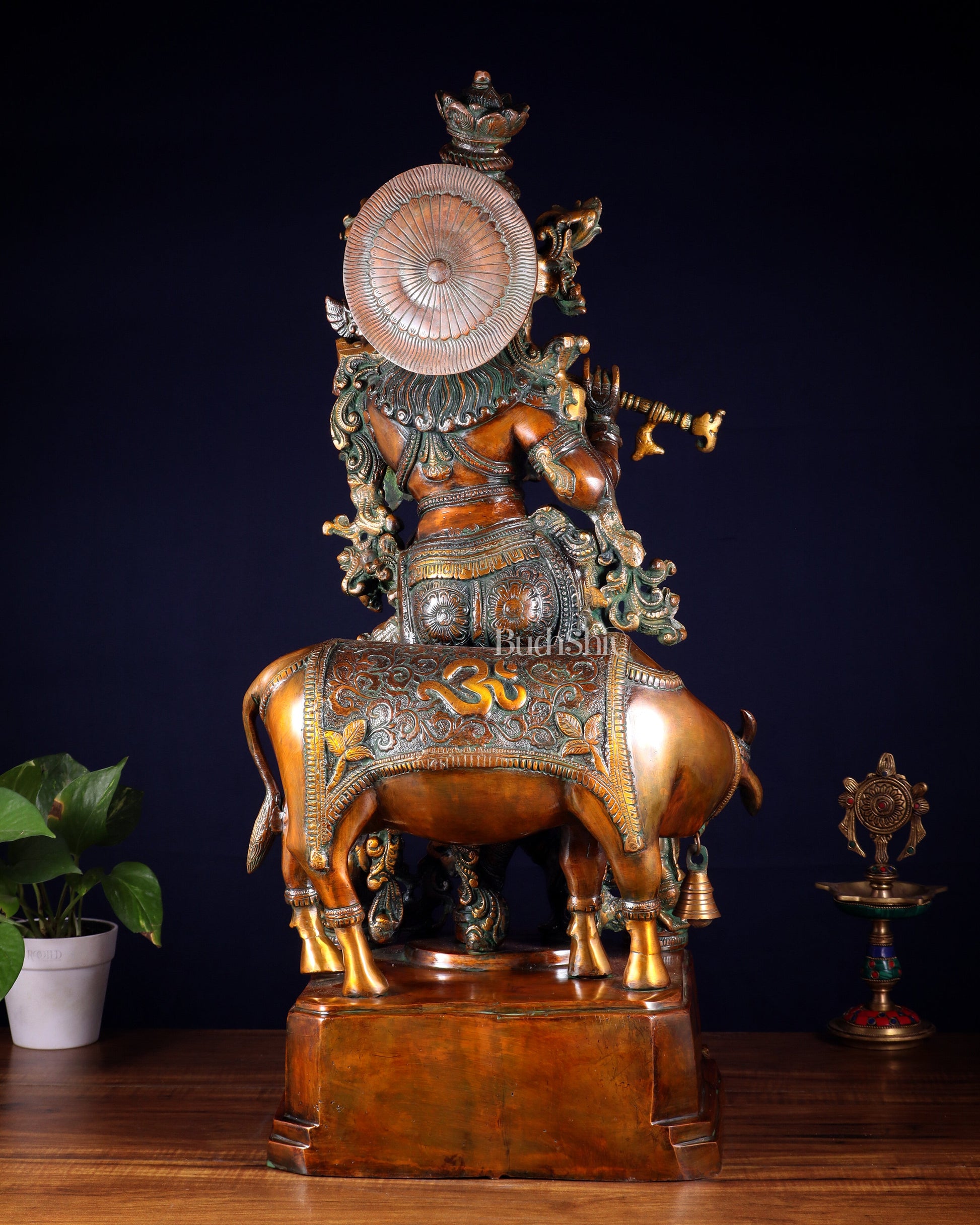 Brass large Krishna with cow statue 28" double chola tone