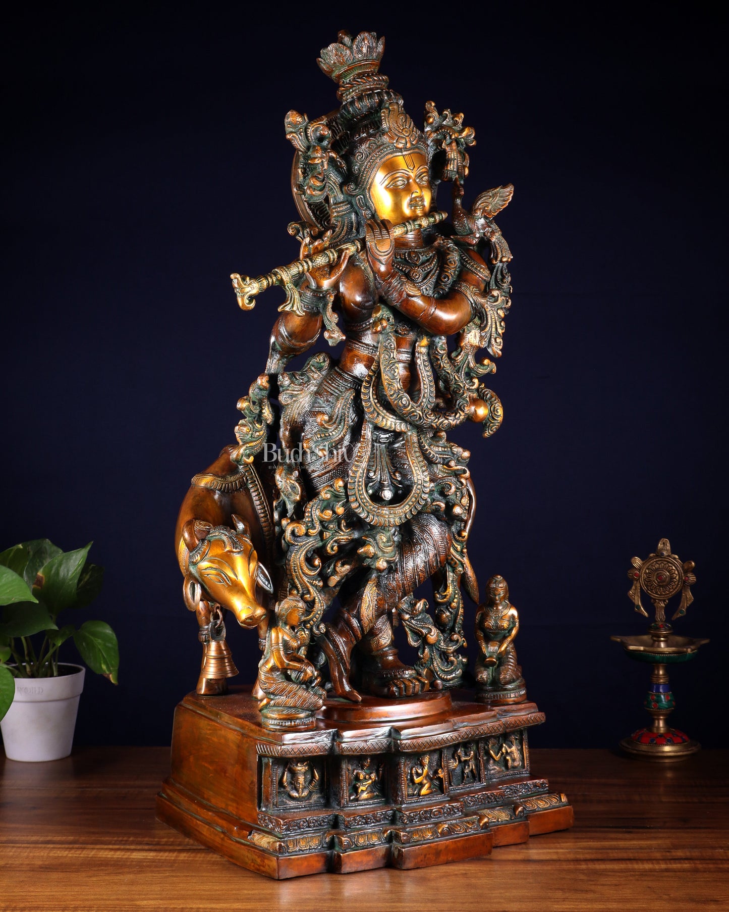 Brass large Krishna with cow statue 28" double chola tone