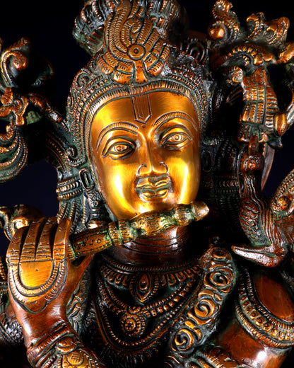 Brass large Krishna with cow statue 28" double chola tone