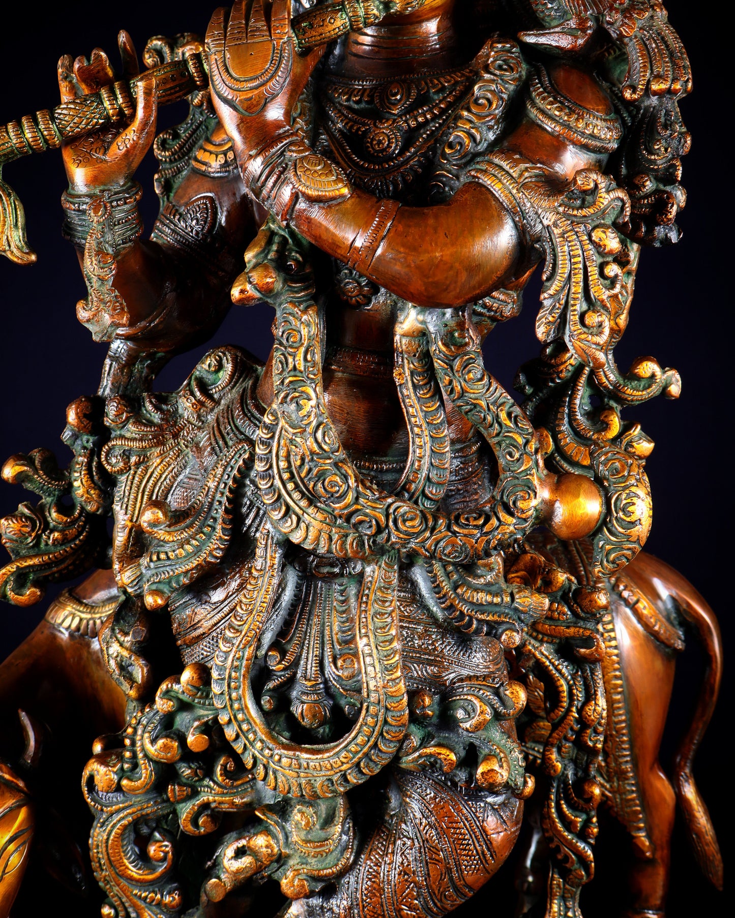 Brass large Krishna with cow statue 28" double chola tone