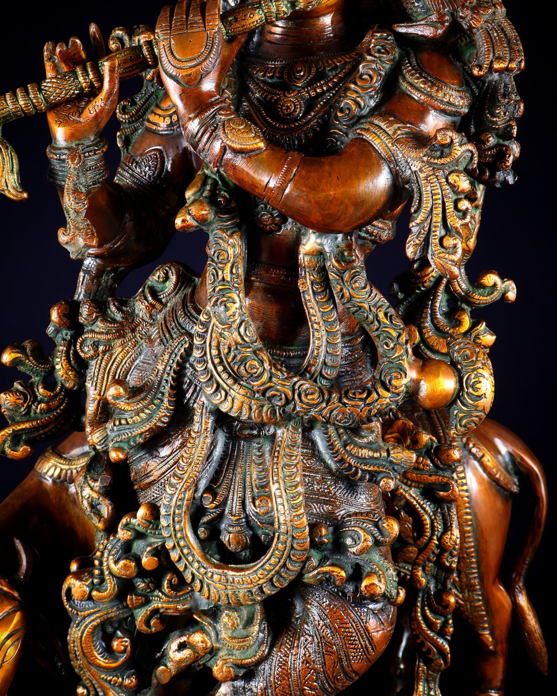 Brass large Krishna with cow statue 28" double chola tone