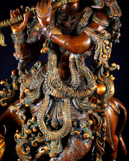 Brass large Krishna with cow statue 28" double chola tone
