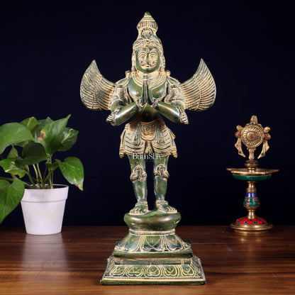 Pure Brass Vintage Standing Garuda Dev Statue – Green Patina Finish | 15.5 Inch