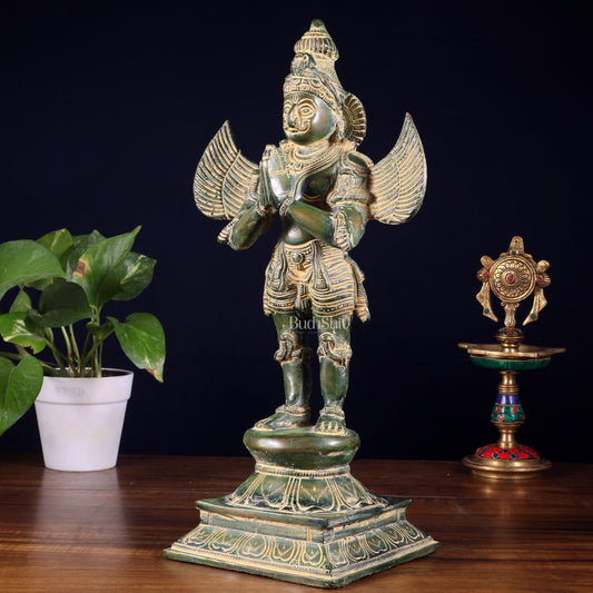 Pure Brass Vintage Standing Garuda Dev Statue – Green Patina Finish | 15.5 Inch