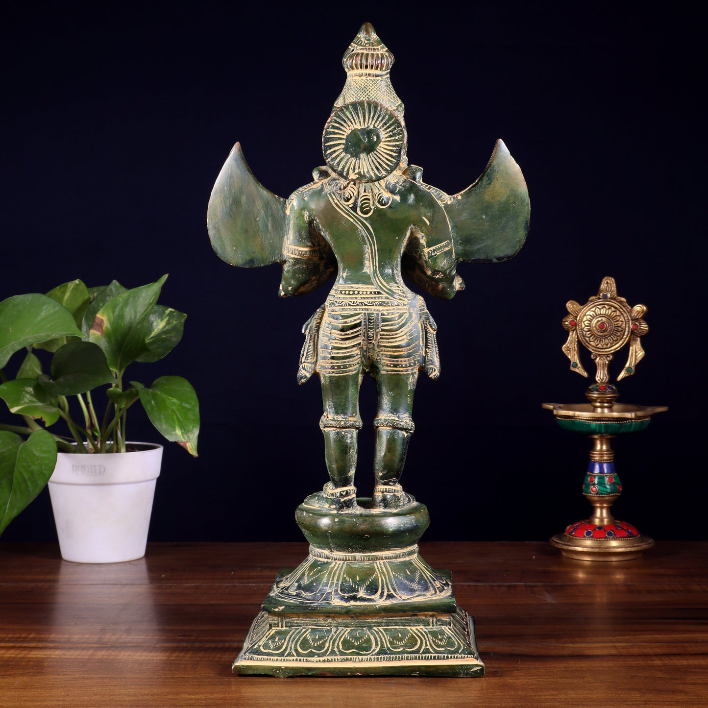 Pure Brass Vintage Standing Garuda Dev Statue – Green Patina Finish | 15.5 Inch