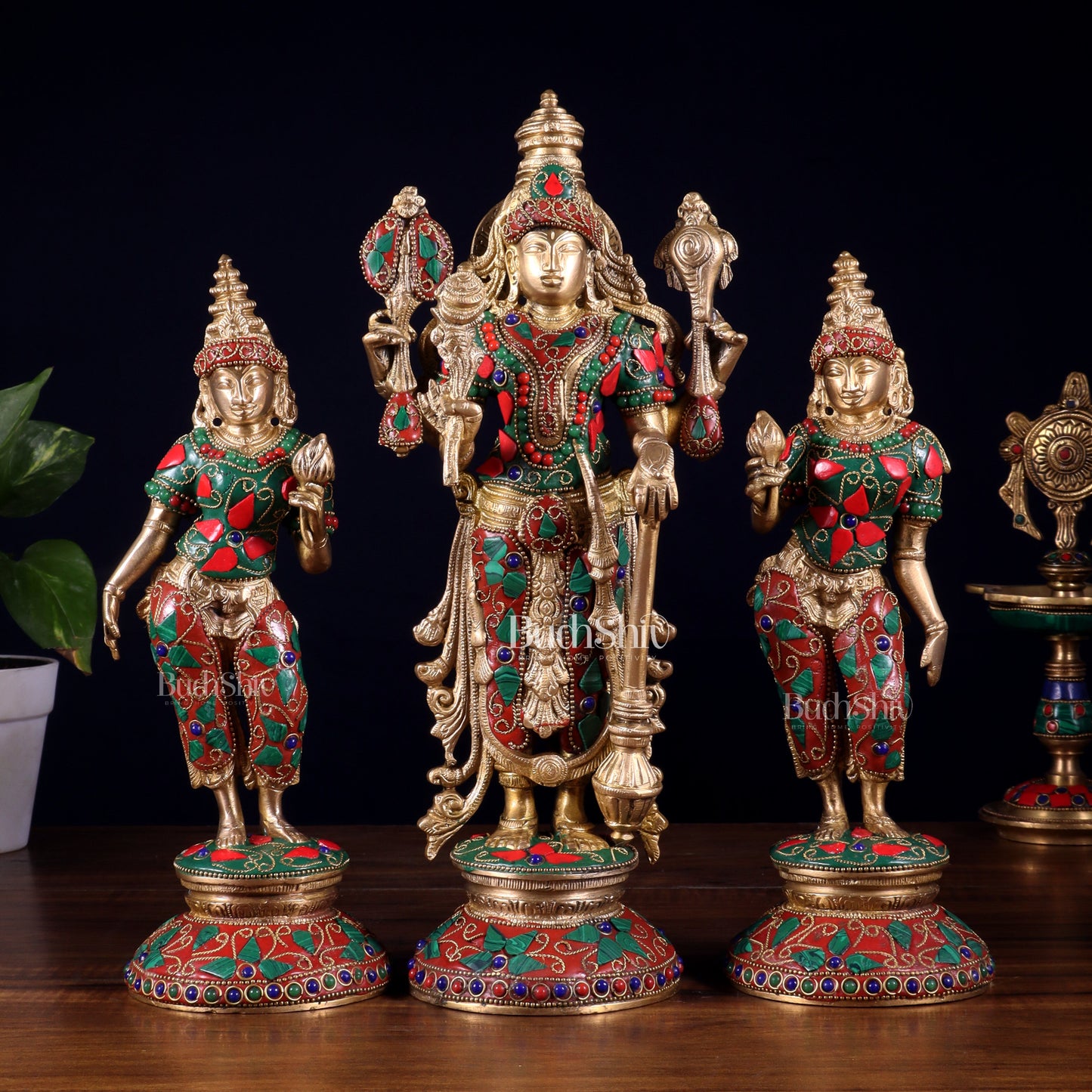 Brass Lord Vishnu with Bhudevi and Sridevi Statues – meenakari Stonework, 13"