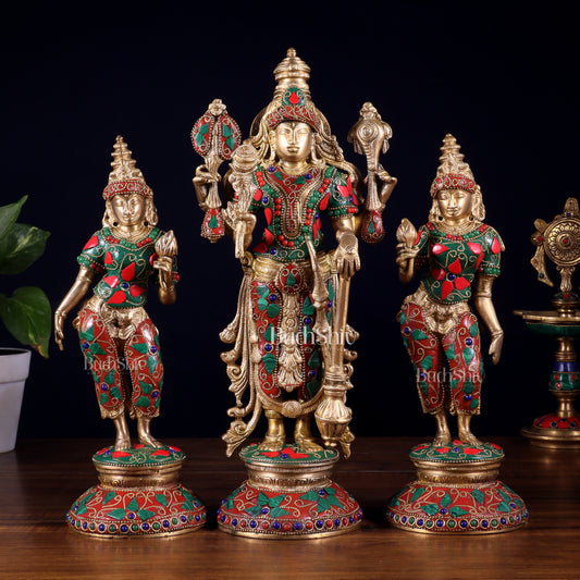 Brass Lord Vishnu with Bhudevi and Sridevi Statues – meenakari Stonework, 13"