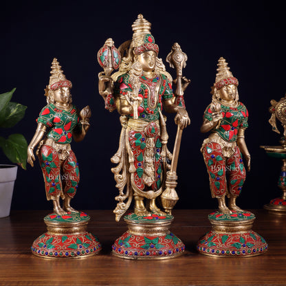 Brass Lord Vishnu with Bhudevi and Sridevi Statues – meenakari Stonework, 13"