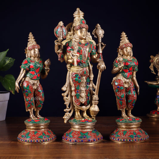 Brass Lord Vishnu with Bhudevi and Sridevi Statues – meenakari Stonework, 13"
