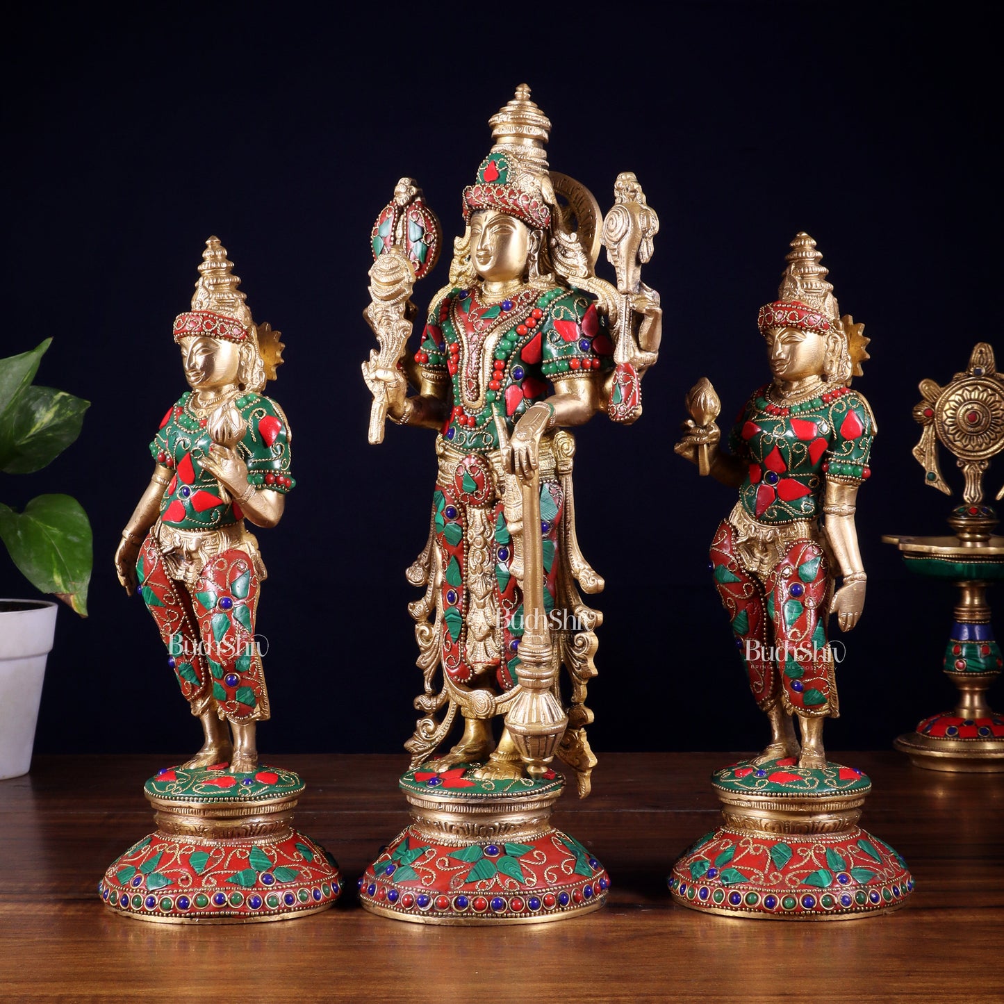 Brass Lord Vishnu with Bhudevi and Sridevi Statues – meenakari Stonework, 13"