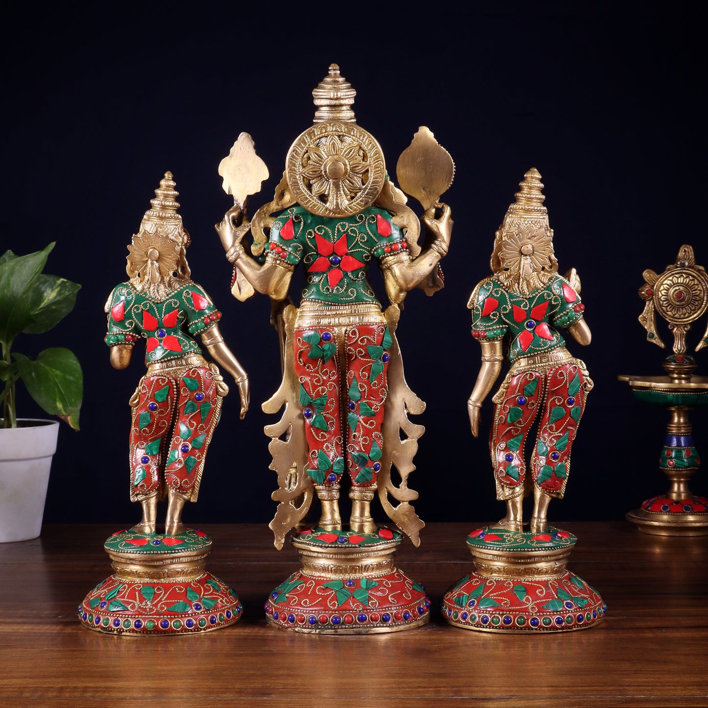 Brass Lord Vishnu with Bhudevi and Sridevi Statues – meenakari Stonework, 13"
