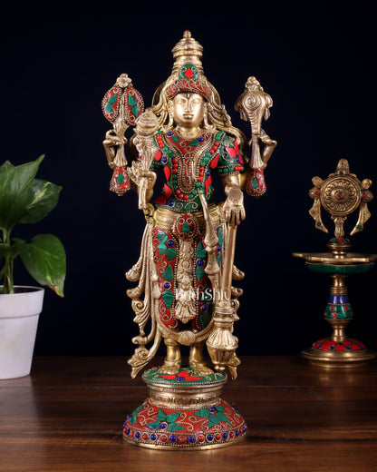 Pure Brass Standing Vishnu Statue with Meenakari Stonework – 12 Inch