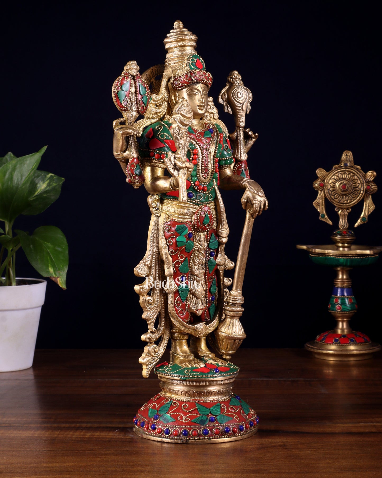 Pure Brass Standing Vishnu Statue with Meenakari Stonework – 12 Inch