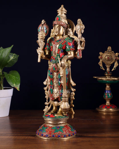 Pure Brass Standing Vishnu Statue with Meenakari Stonework – 12 Inch