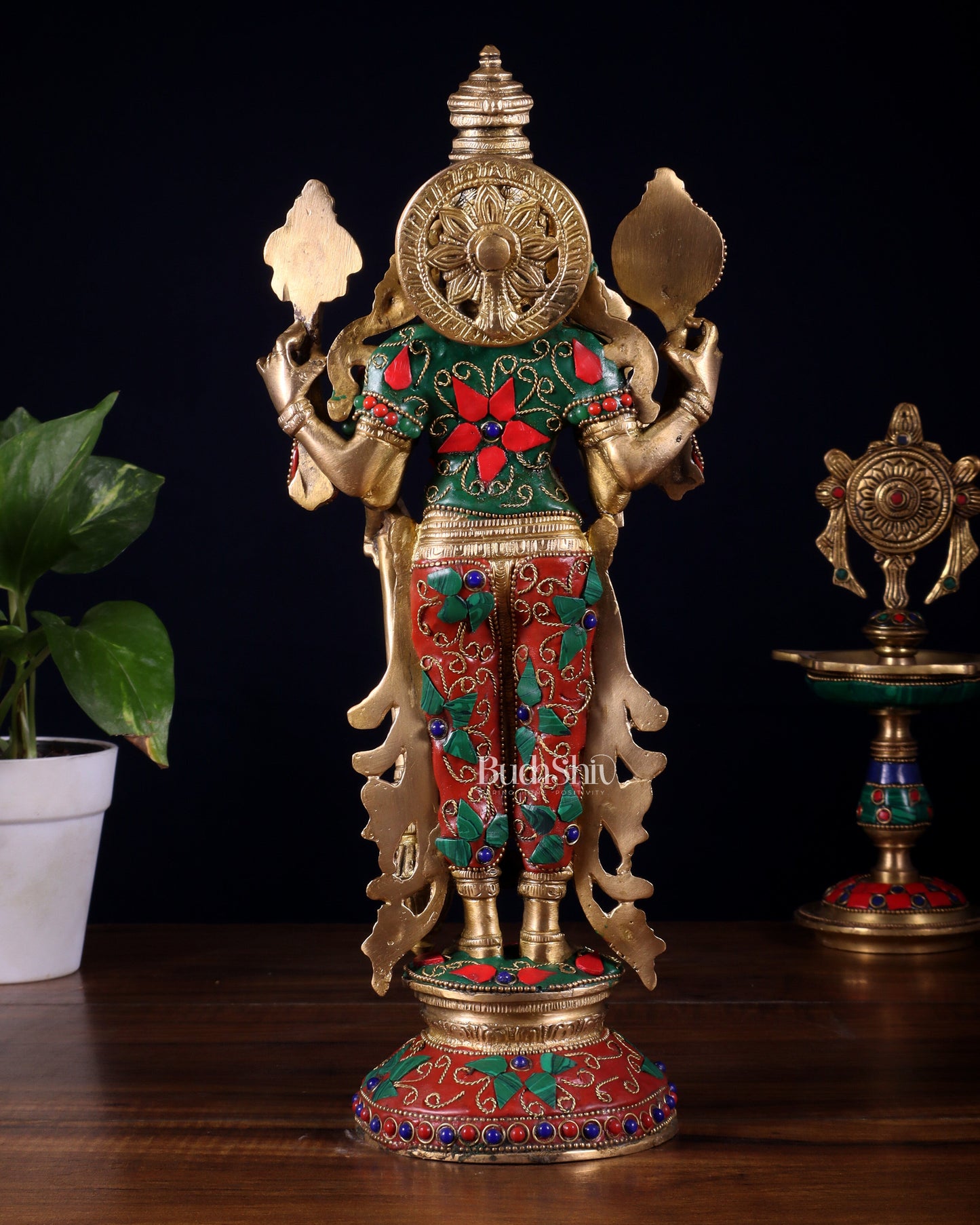 Pure Brass Standing Vishnu Statue with Meenakari Stonework – 12 Inch