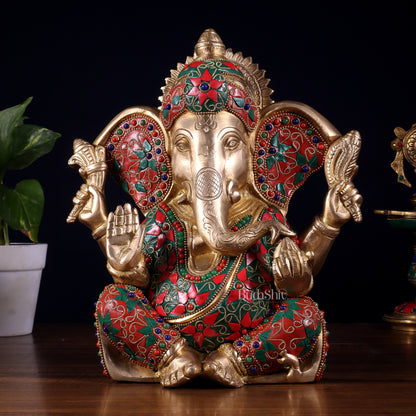 Brass Lord Ganesha Statue with Floral Stonework - 10"