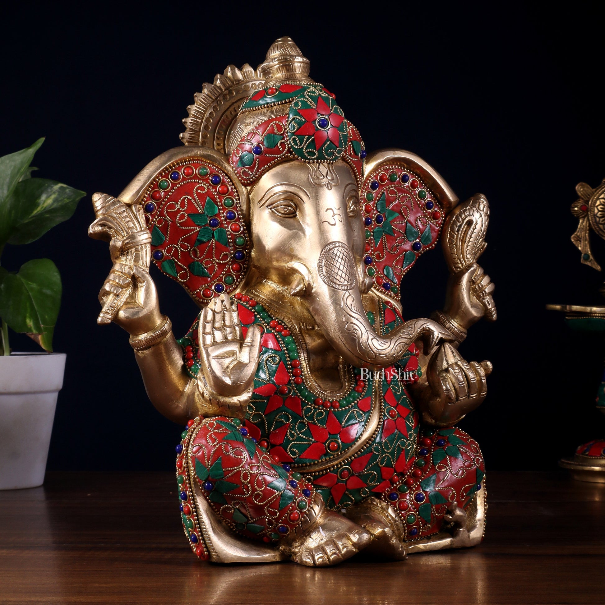 Brass Lord Ganesha Statue with Floral Stonework - 10"