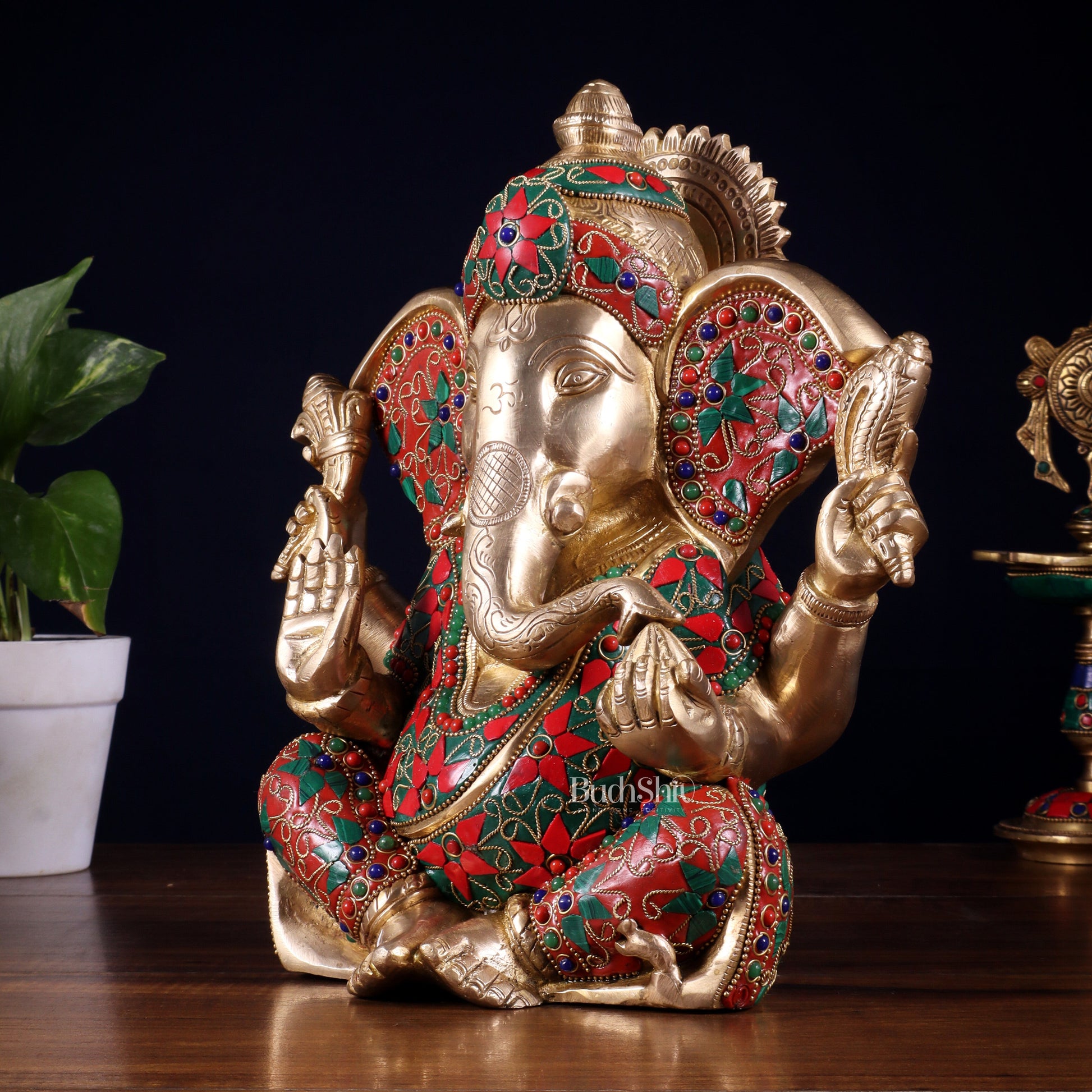 Brass Lord Ganesha Statue with Floral Stonework - 10"