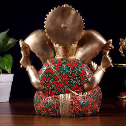 Brass Lord Ganesha Statue with Floral Stonework - 10"