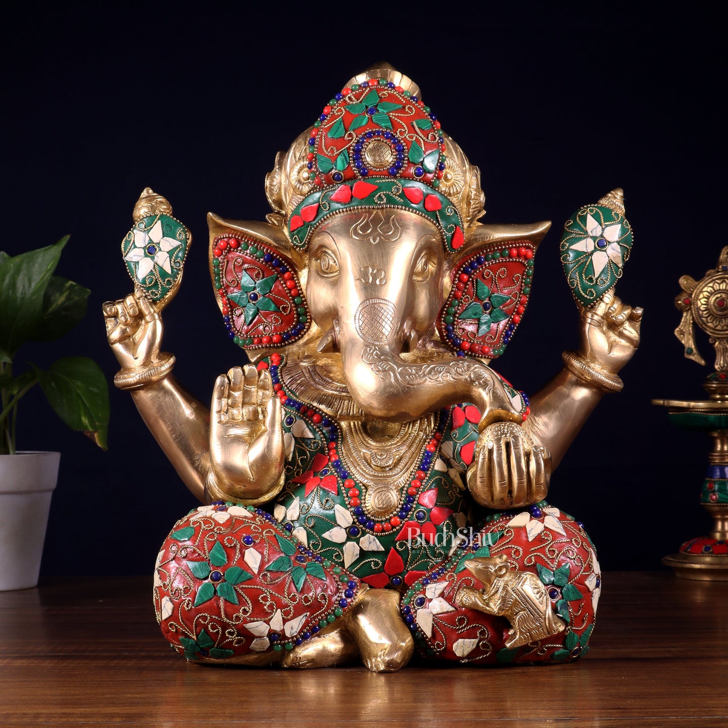 Pure Brass Crown Ganesha Statue – Sharp Features meenakari Stonework 13 inch