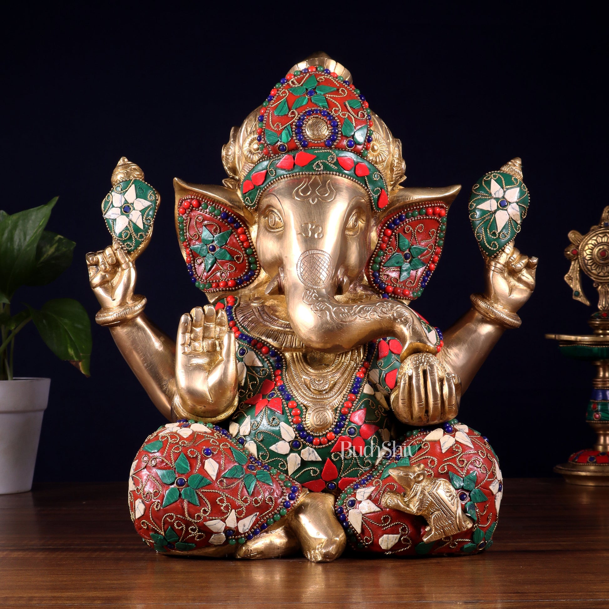 Pure Brass Crown Ganesha Statue – Sharp Features meenakari Stonework 13 inch