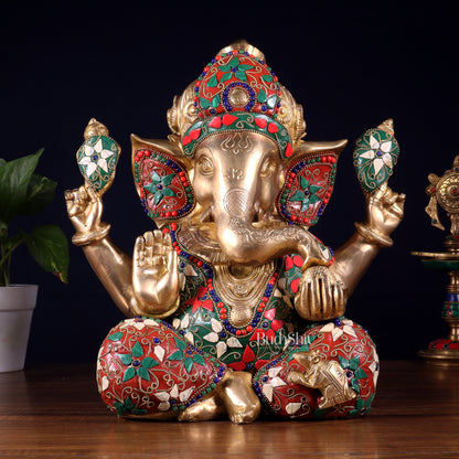 Pure Brass Crown Ganesha Statue – Sharp Features meenakari Stonework 13 inch