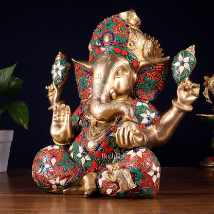 Pure Brass Crown Ganesha Statue – Sharp Features meenakari Stonework 13 inch