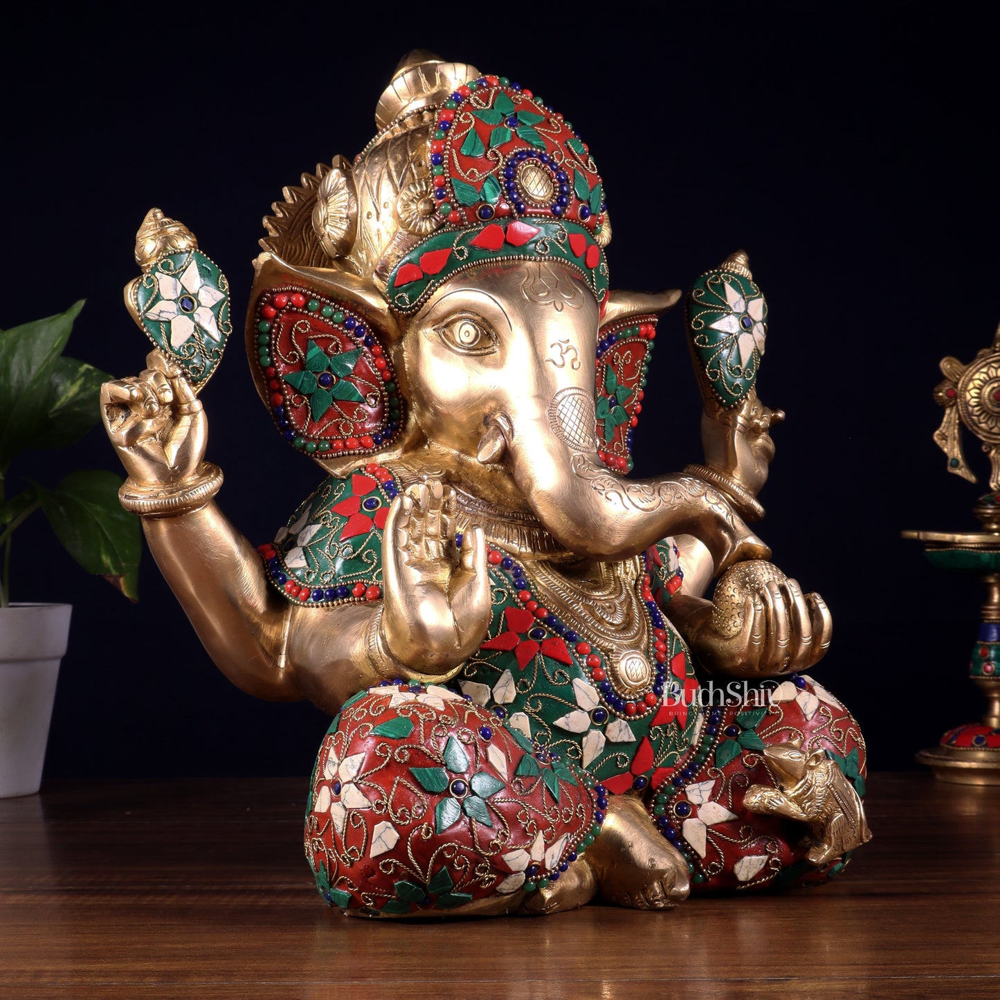 Pure Brass Crown Ganesha Statue – Sharp Features meenakari Stonework 13 inch