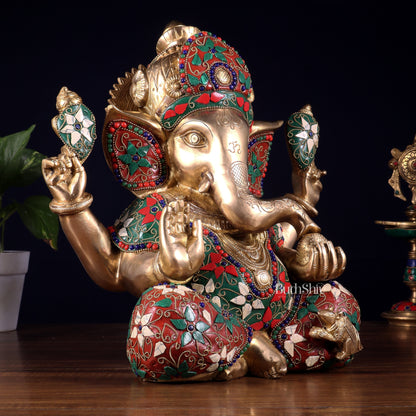 Pure Brass Crown Ganesha Statue – Sharp Features meenakari Stonework 13 inch