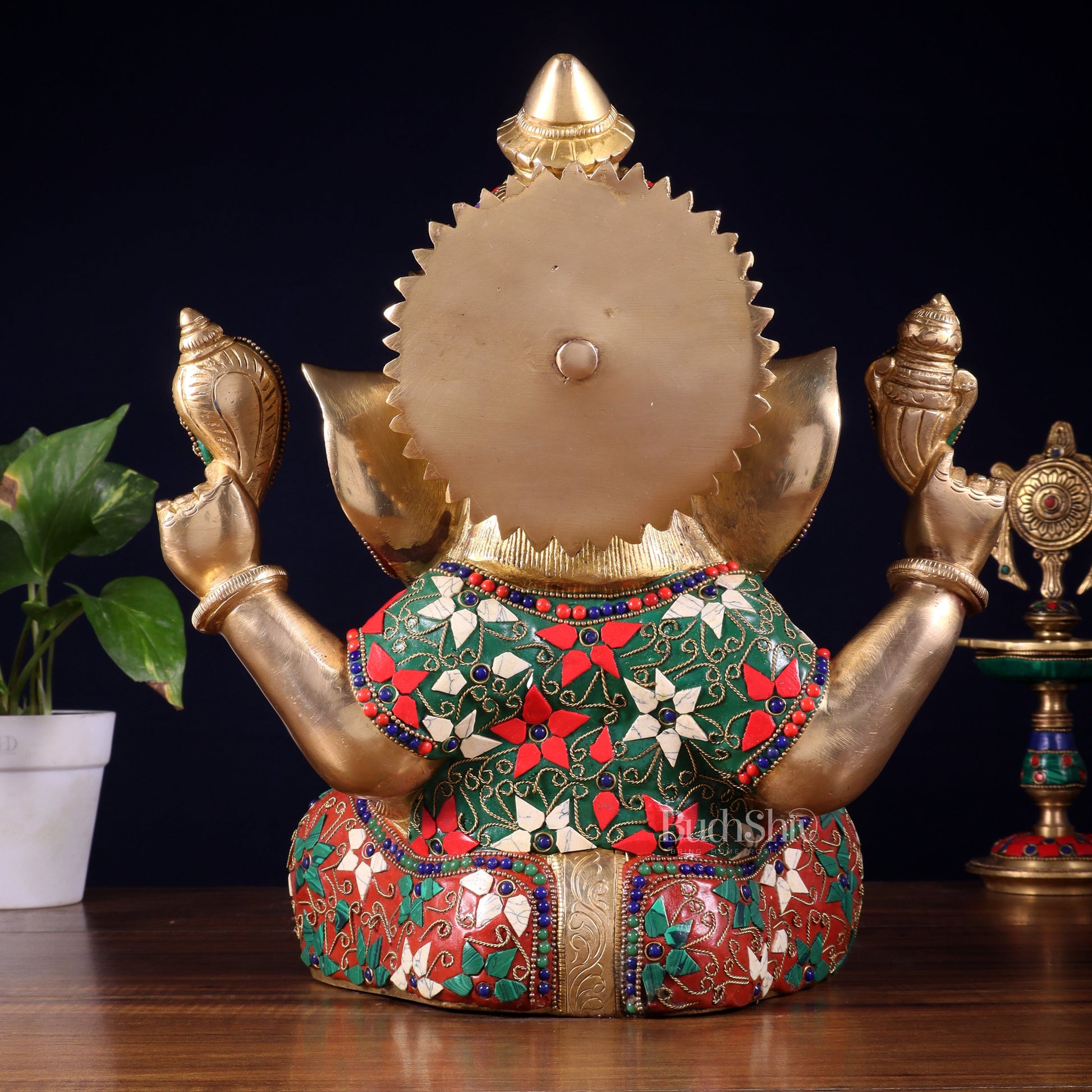 Pure Brass Crown Ganesha Statue – Sharp Features meenakari Stonework 13 inch