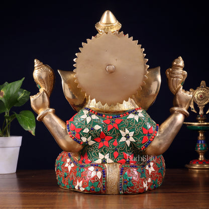 Pure Brass Crown Ganesha Statue – Sharp Features meenakari Stonework 13 inch