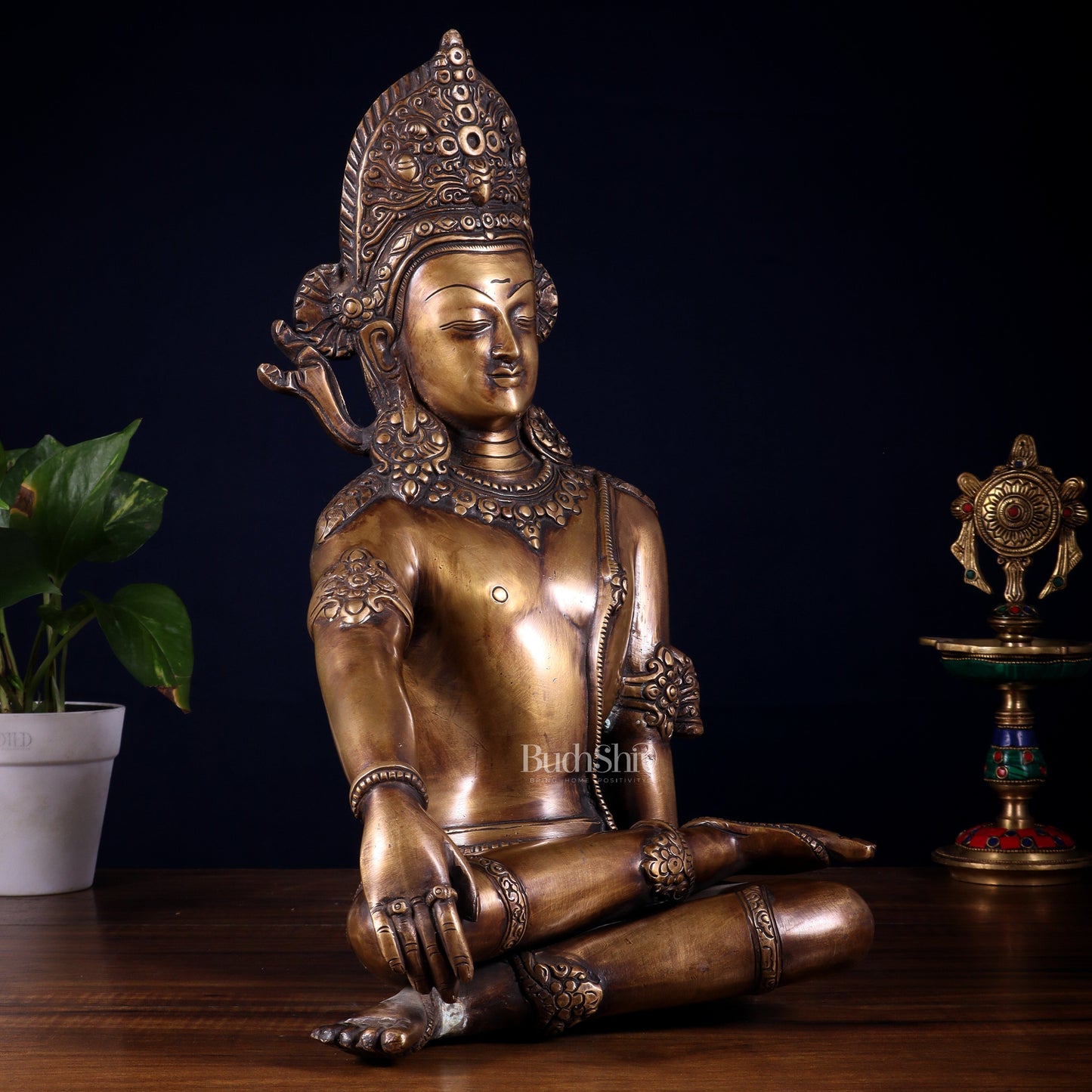 Handcrafted Brass Lord Indra Statue vintage tone , 14"