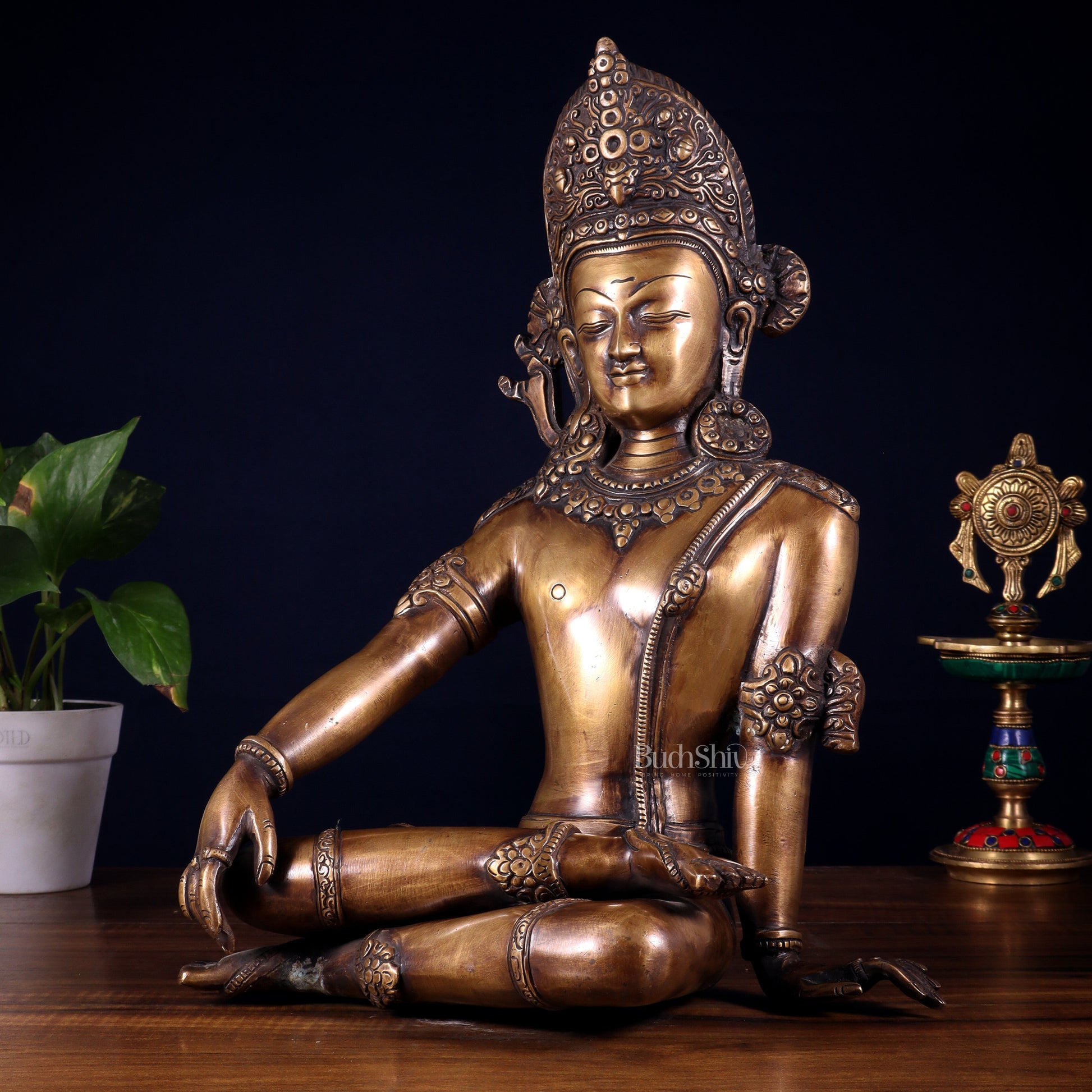 Handcrafted Brass Lord Indra Statue vintage tone , 14"