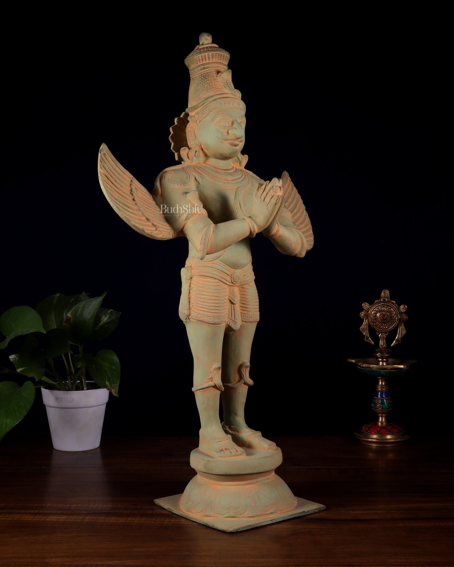 Brass Standing Garuda Dev Statue - 22 Inch Green sand patina