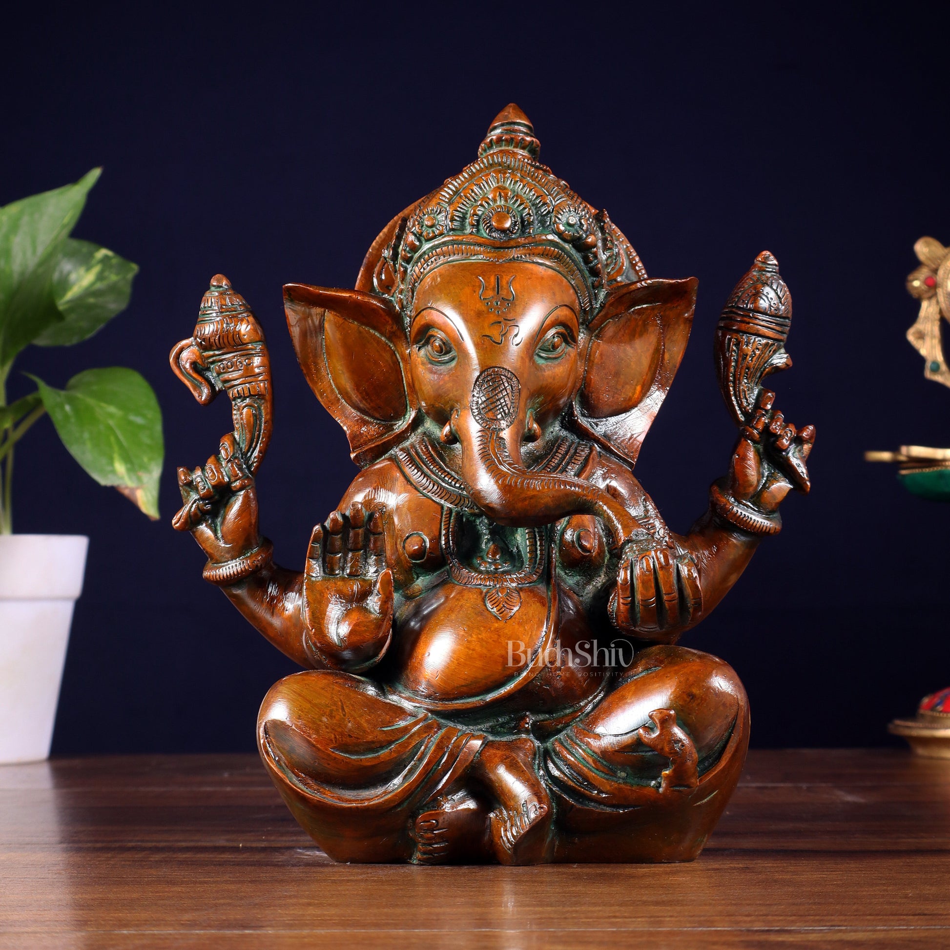 Brass Ganesha Idol with Sharp Features - 8 Inch Vintage brown