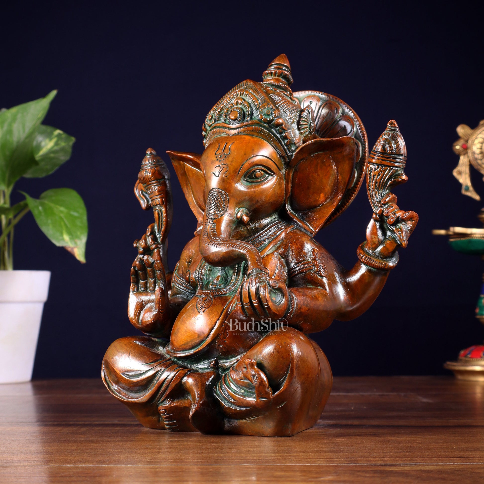 Brass Ganesha Idol with Sharp Features - 8 Inch Vintage brown