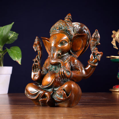 Brass Ganesha Idol with Sharp Features - 8 Inch Vintage brown