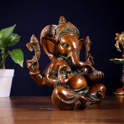 Brass Ganesha Idol with Sharp Features - 8 Inch Vintage brown
