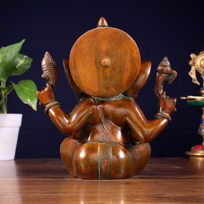 Brass Ganesha Idol with Sharp Features - 8 Inch Vintage brown