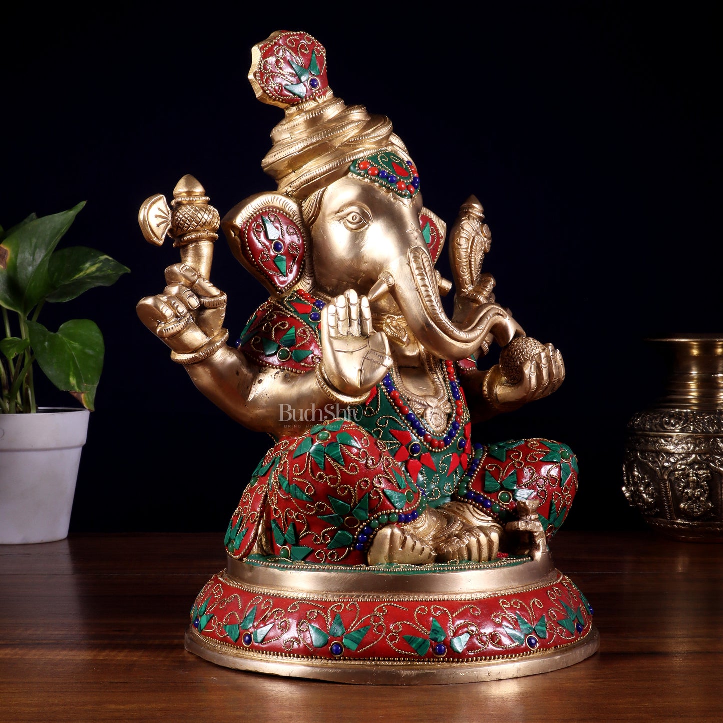 Brass Pagadi Ganesha Statue with Floral Stonework – 11.5 Inch