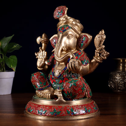 Brass Pagadi Ganesha Statue with Floral Stonework – 11.5 Inch