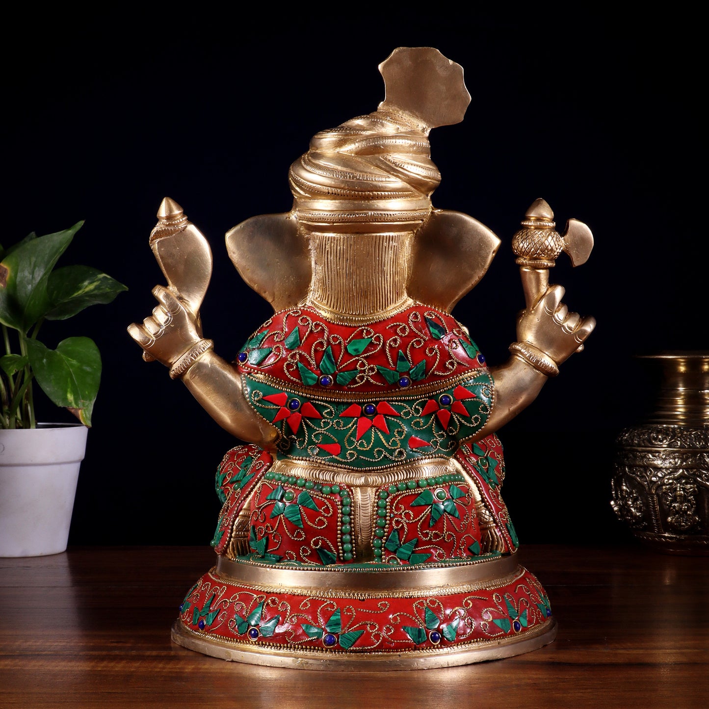 Brass Pagadi Ganesha Statue with Floral Stonework – 11.5 Inch